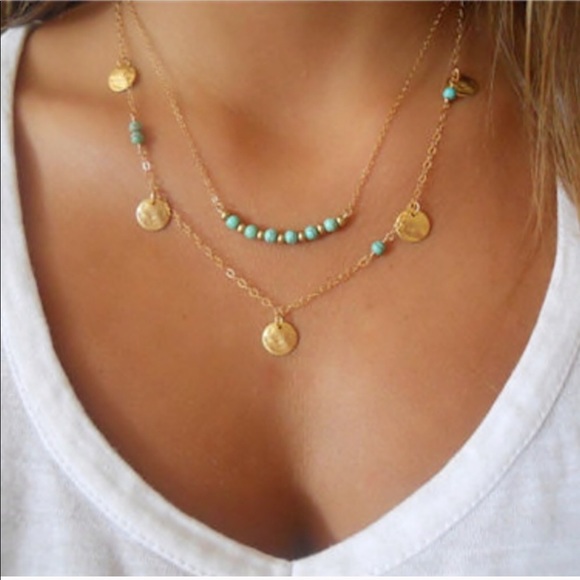 Justine’s Chic Boutique Jewelry - 2-Layer Turquoise Bead Gold Coin Necklace